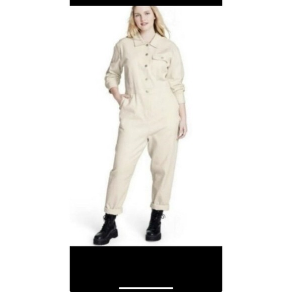 Sandy Liang Target Cream Coveralls Jumpsuit Women's Size 12  100% Cotton 0070 - Picture 2 of 7